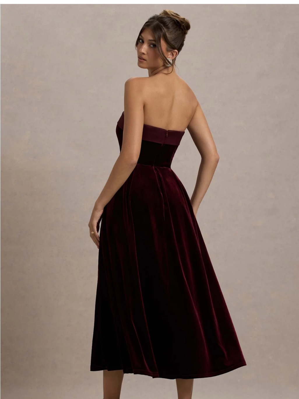 Club L London Strapless Velvet Midi Dress In Burgundy